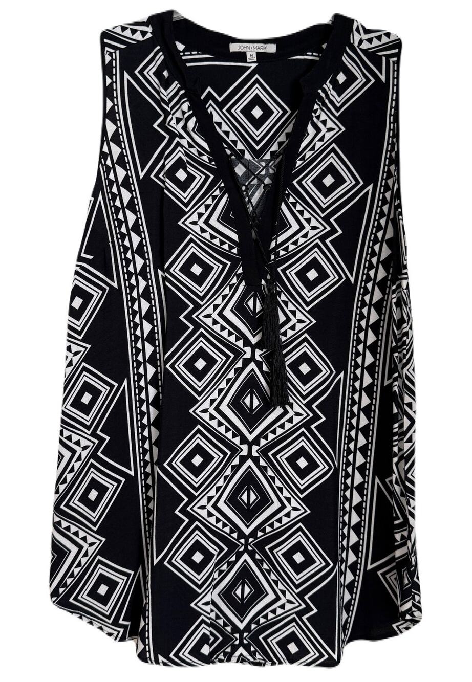 John Mark Sleeveless Tunic - Black/White Geometric Print - Size M